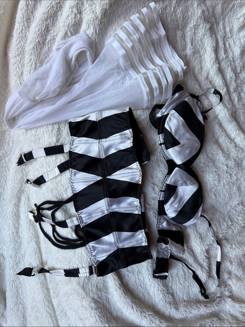 Agent Provocateur Black and White Striped Satin Bra and Garter Set
